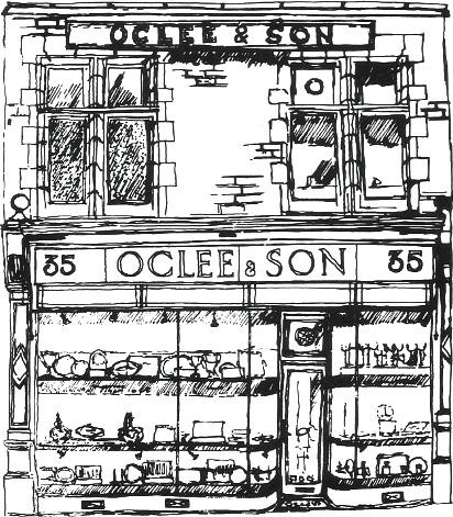 A line drawing of the Oclee & Son shopfront